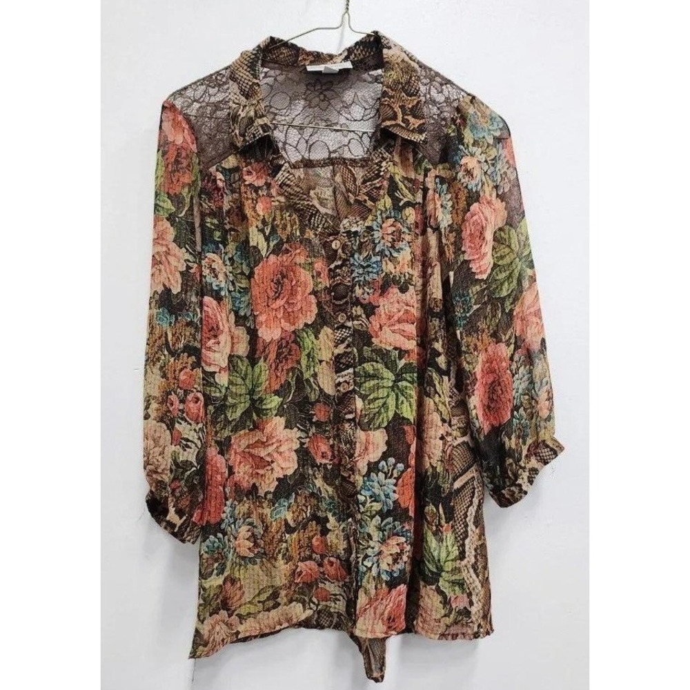VTG Y2K Dressbarn BOHO Blouse Womens S Brown Floral Snakeskin Lace Trim Chiffon